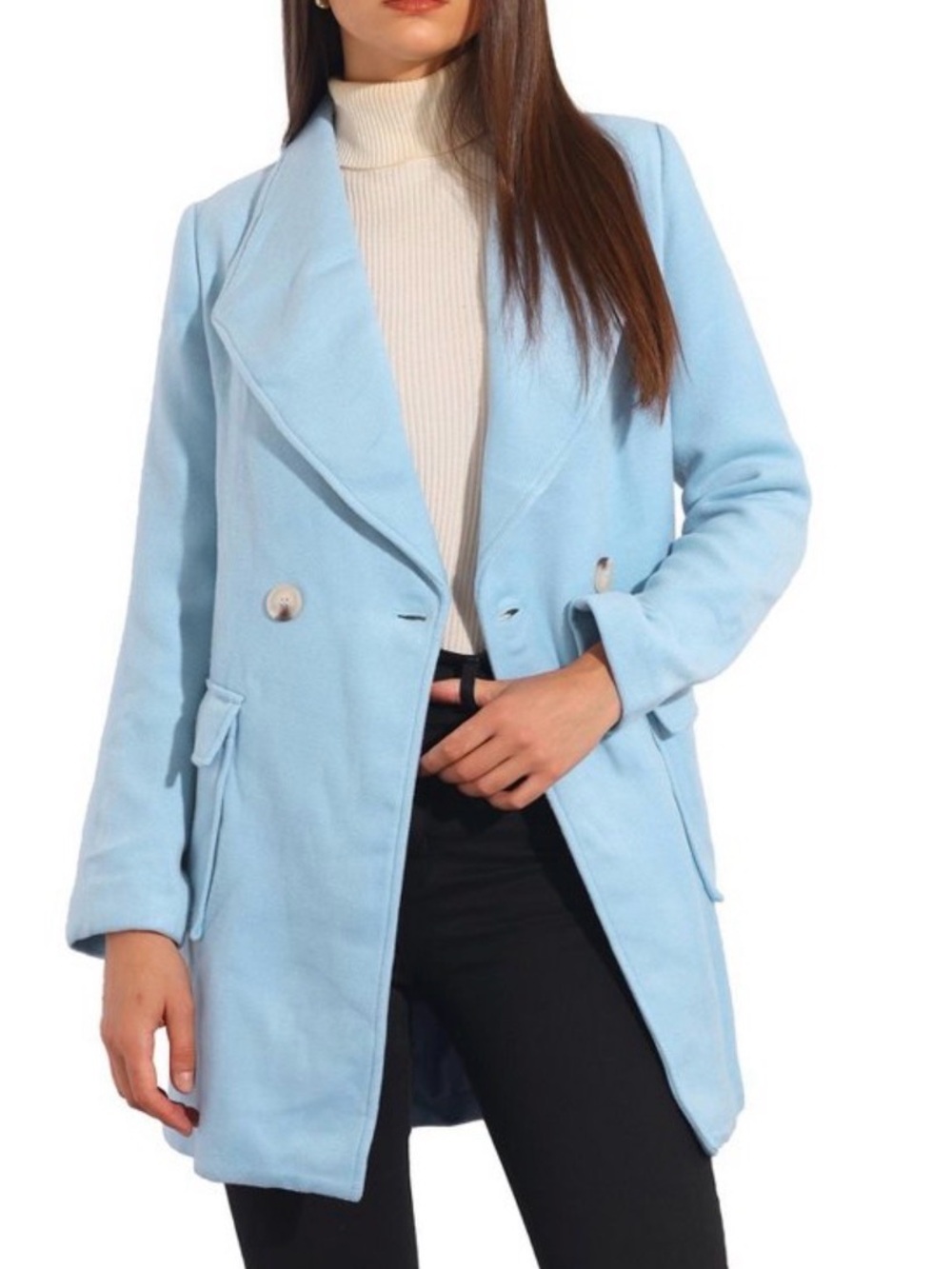 Allegra K Light Blue Double Breasted Coat Winter Jacket With Belt Size XS New
